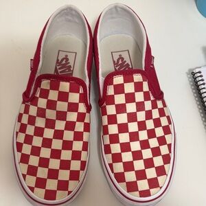 Vans Women’s Red and White Checkered Slip-On Sneakers
